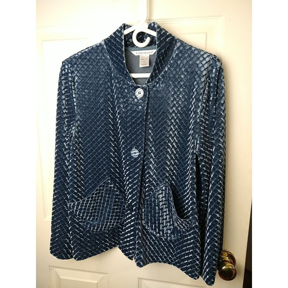 Cuddletown Blue Velour Three Button Mock Neck Pocket Jacket. Size S